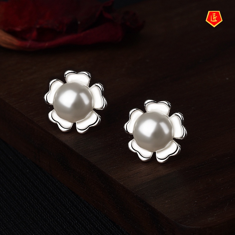 [Ready Stock]Korean Style Elegant Flower Pearl Stud Earrings High-End