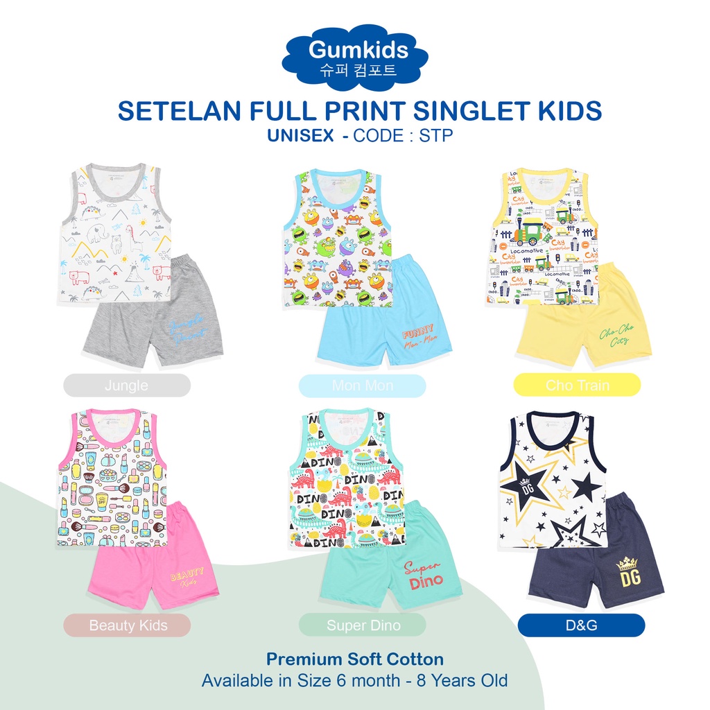 GUMKIDS KAOS FULL PRINT ANAK / SETELAN SINGLET ANAK / PRINTED KIDS TEES / BAJU SANTAI ANAK / BAJU ANAK TANGAN BUNTUNG