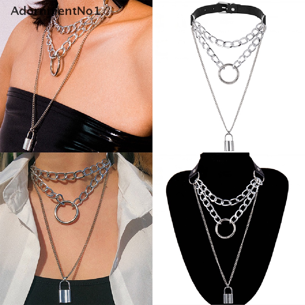 (AdornmentNo1) Kalung Choker Rantai Banyak Lapis Dengan Liontin Gembok Gaya Gothic Punk Untuk Wanita