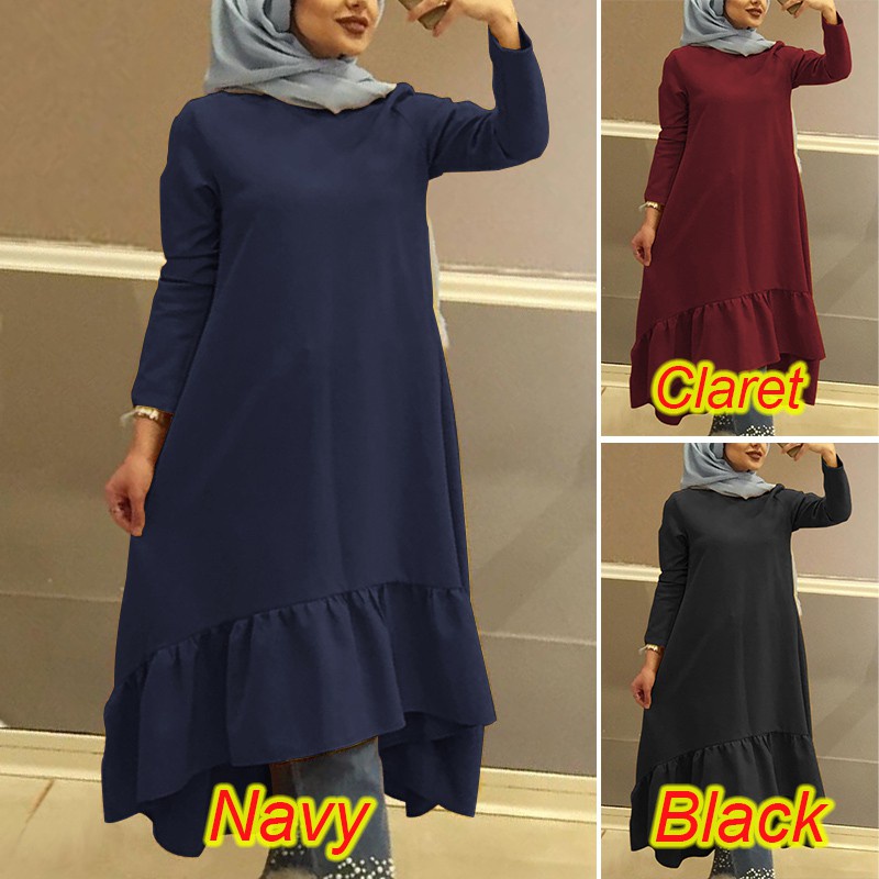 ZANZEA Women O-neck Long Sleeve Frilled Plain High Low Muslim Midi Dress