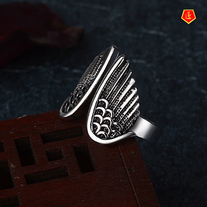 [Ready Stock]Retro Personalized Silver Angel Wings Ring