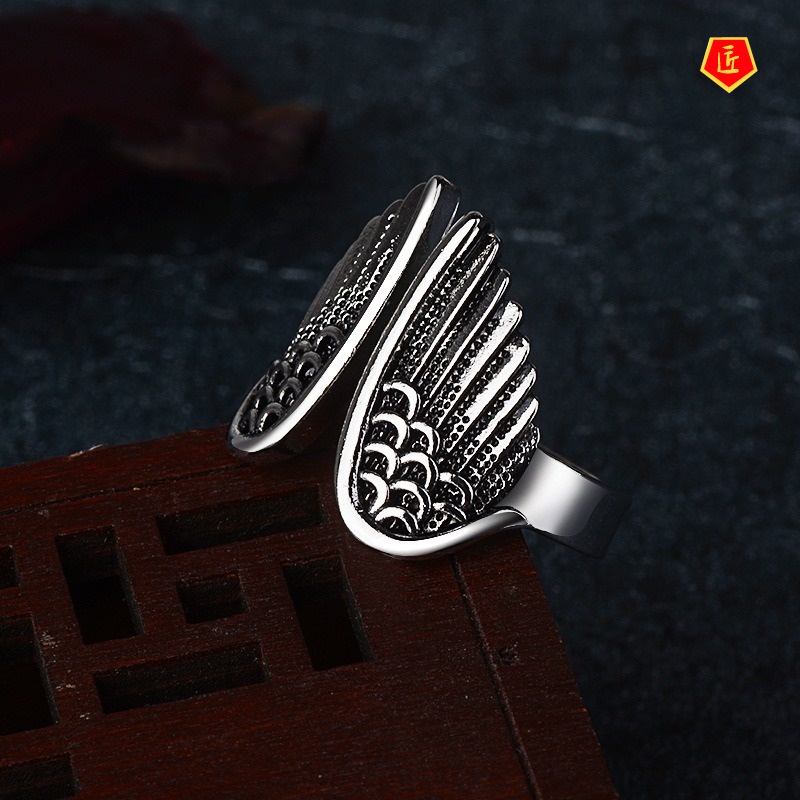 [Ready Stock]Retro Personalized Silver Angel Wings Ring