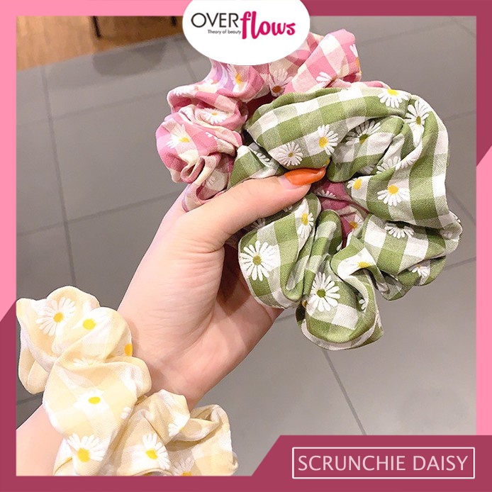 OVERFLOWS.ID Scrunchie Ikat Rambut Cepol Korea Lucu Bunga Daisy Kotak Tartan Bahan Katun BORDIR