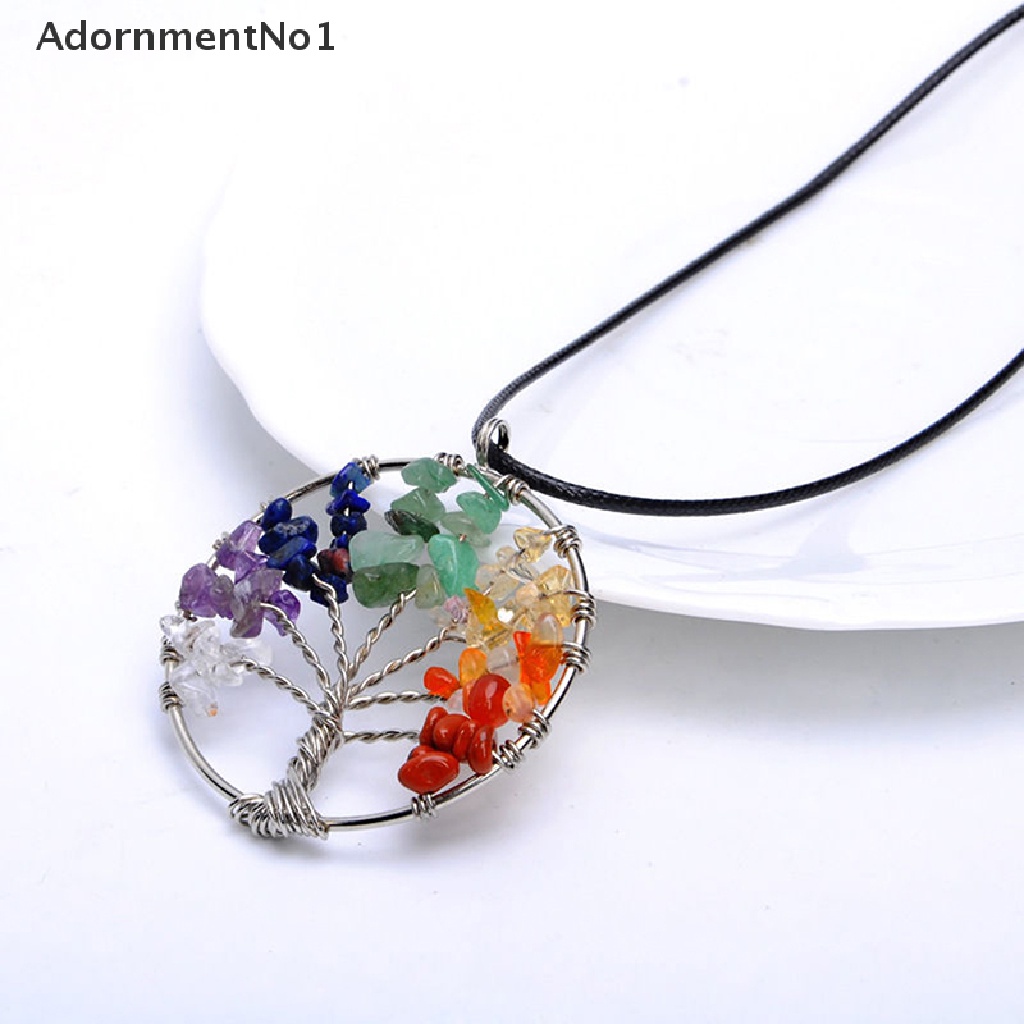 (AdornmentNo1) Kalung Rantai Dengan Liontin Pohon Kehidupan Hias 7 Batu Kristal Quartz Chakra Untuk Wanita
