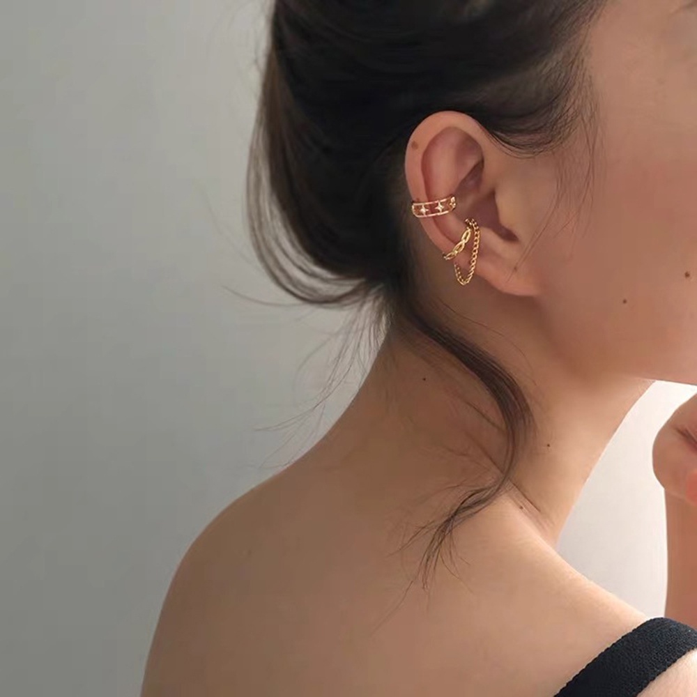 【COD Tangding】Anting Rantai Rumbai Tanpa Tindik Desain Bintang Gaya Retro Perancis Untuk Wanita