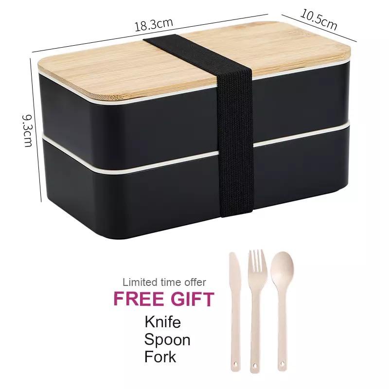 tempat kotak bekal makanan bamboo bento lunch box free sendok garpu pisau / box makan tutup bambu japanese style