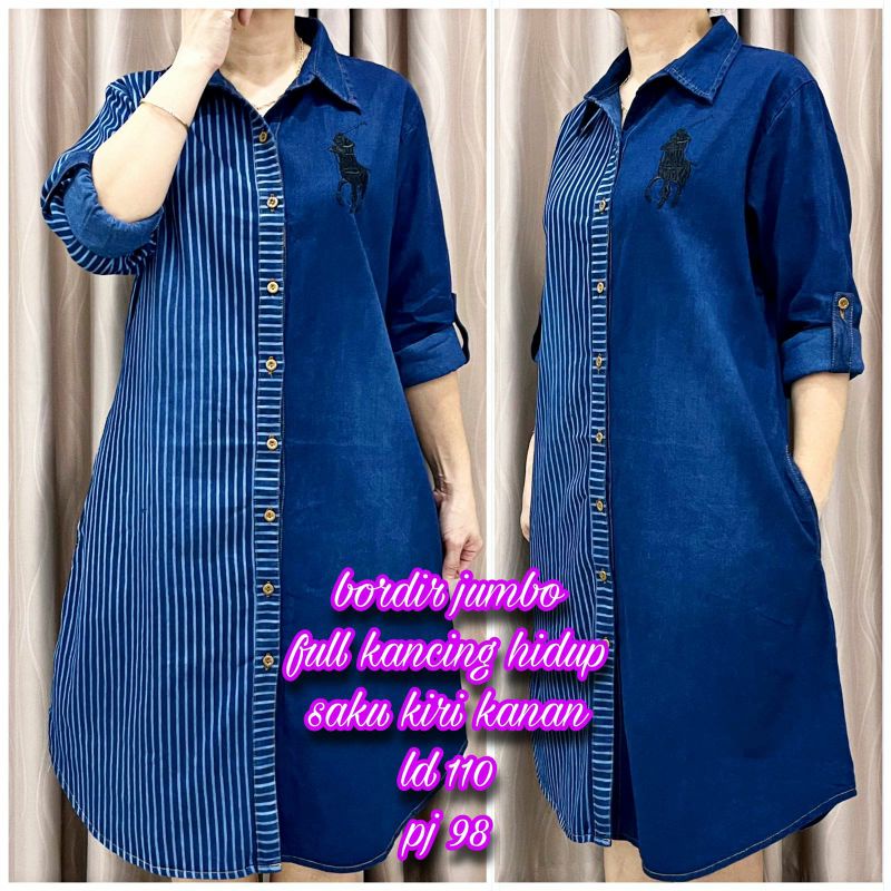 POI Dress tunik jeans kombi jeans salur bordir, jumbo 3L, 4L, dan 5L, ada saku, kancing hidup, ada