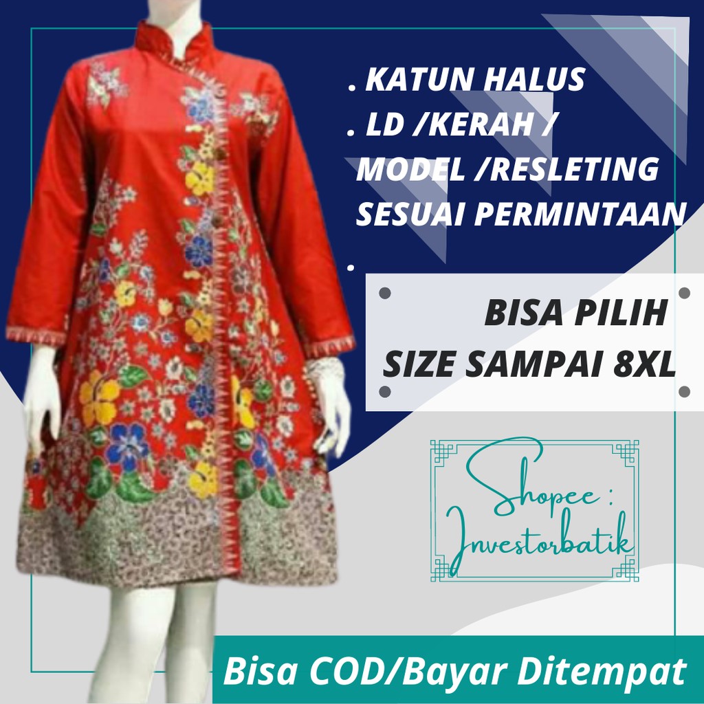 ATASAN BATIK TUNIK DRESS KERJA WANITA MODERN LENGAN PANJANG KATUN BERKWALITAS SIZE XS-JUMBO 8XL