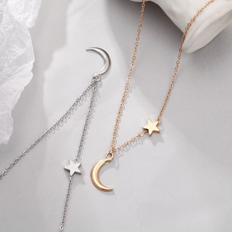 [Harga Grosir]Kalung Rantai Panjang Liontin Bulan Bintang Aksen Mutiara Untuk Wanita/Hot Sale