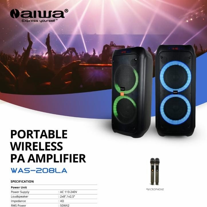 Speaker Portable Aiwa Was 208LA Double Woofer 8 in SUPERBASS