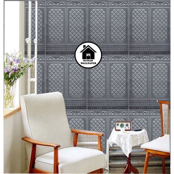 RW Wall paper 3D Foam Stiker Motif Batik Pintu Jendela Abu WallPaper Sticker Foam