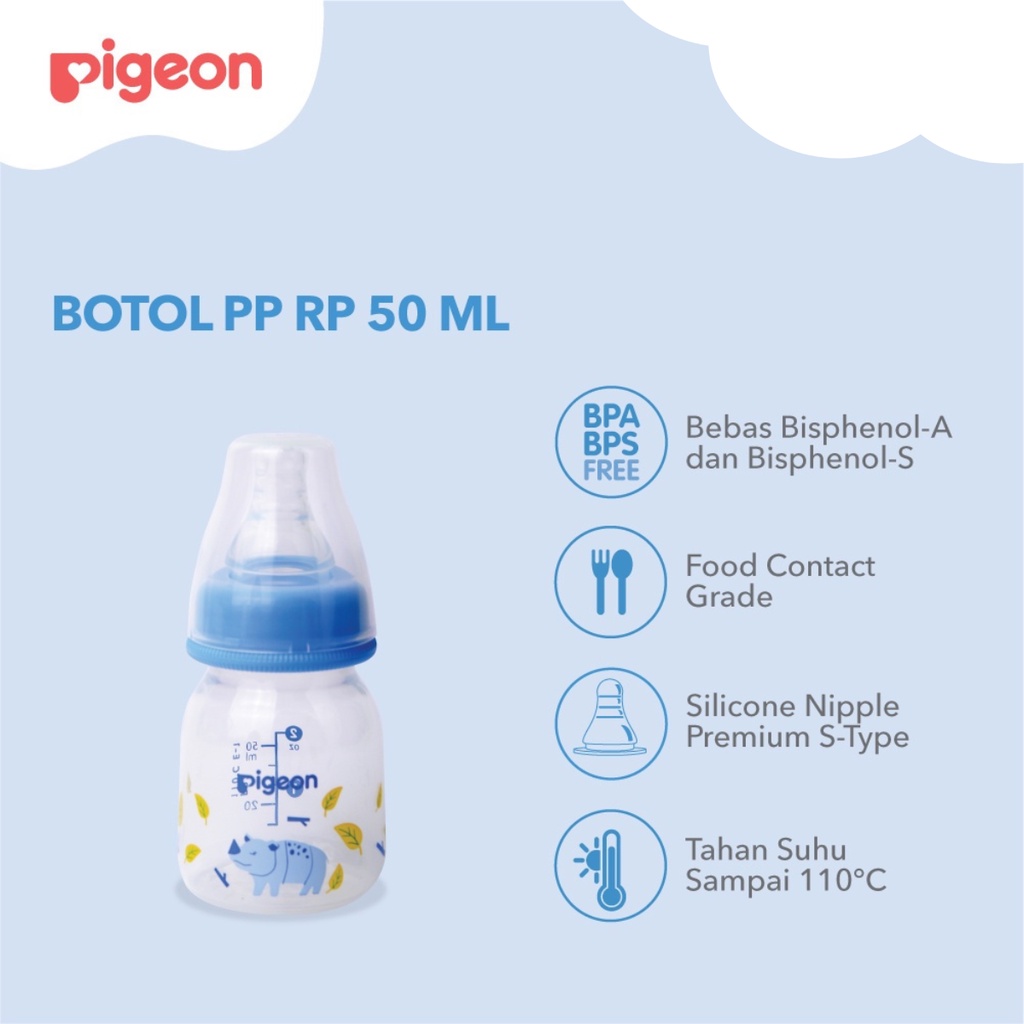 Pigeon Botol Susu Peristaltic Nipple Round Nursing Bottle PP RP Slim Neck New Rhino Badak 50ml