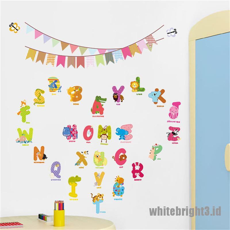 ❤White3 Warna Putih❤ Stiker Dinding Decal Desain Kartun Binatang Alfabet, Dapat Dicopot