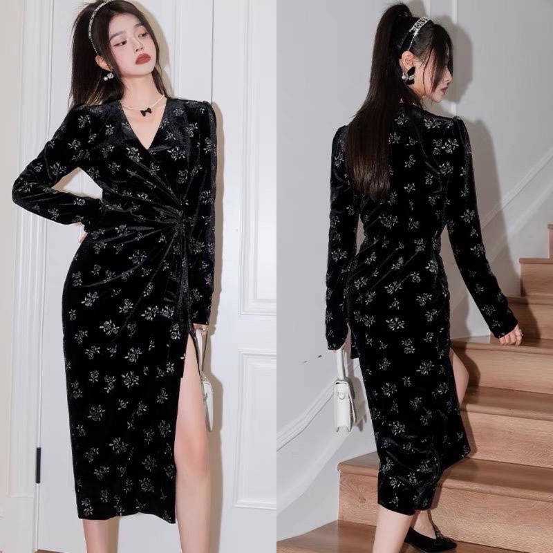 D1 Kimono velvet long dress lengan panjang v neck motif bunga / korean vintage dress elegant / dress party / dress malam