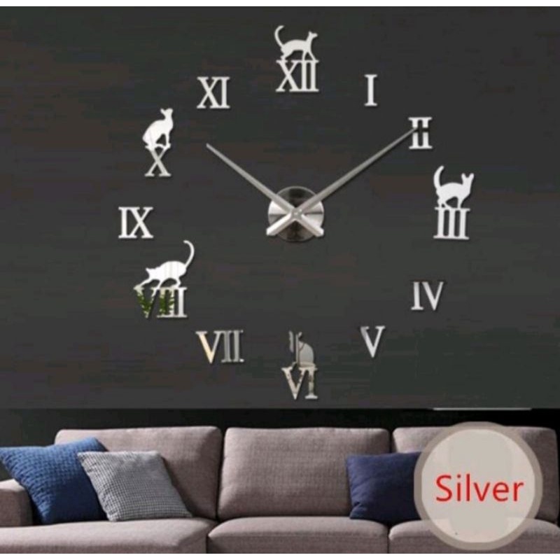 JAM DINDING JUMBO 150cm  JAM UNIK JAM DINDING 100% JUMBO JAM UNIK JAM DINDING 3D JAM DINDING TIDAK BERDETAK-ROMAWI SILVER KUCING