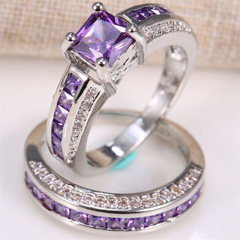 Hu Hu Hu Hu Hu Alat Bantu Pasang Kacamata♡ 2pcs Cincin Pernikahan Hias Amethystberlian Imitasi Bentuk Persegi Gaya Putri Untuk Wanita