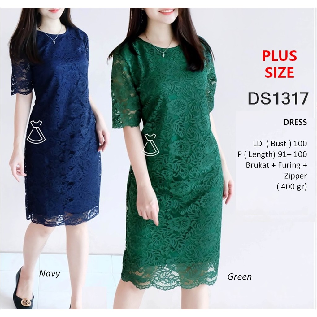 DS1317 - DRESS PESTA BRUKAT LACE MIDI SEPAN DRESS NATAL WANITA PLUS SIZE