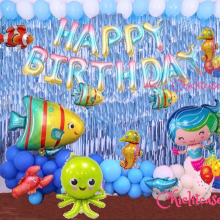 Jual Set paket balon ulang tahun anak mermaid tema laut ikan fish