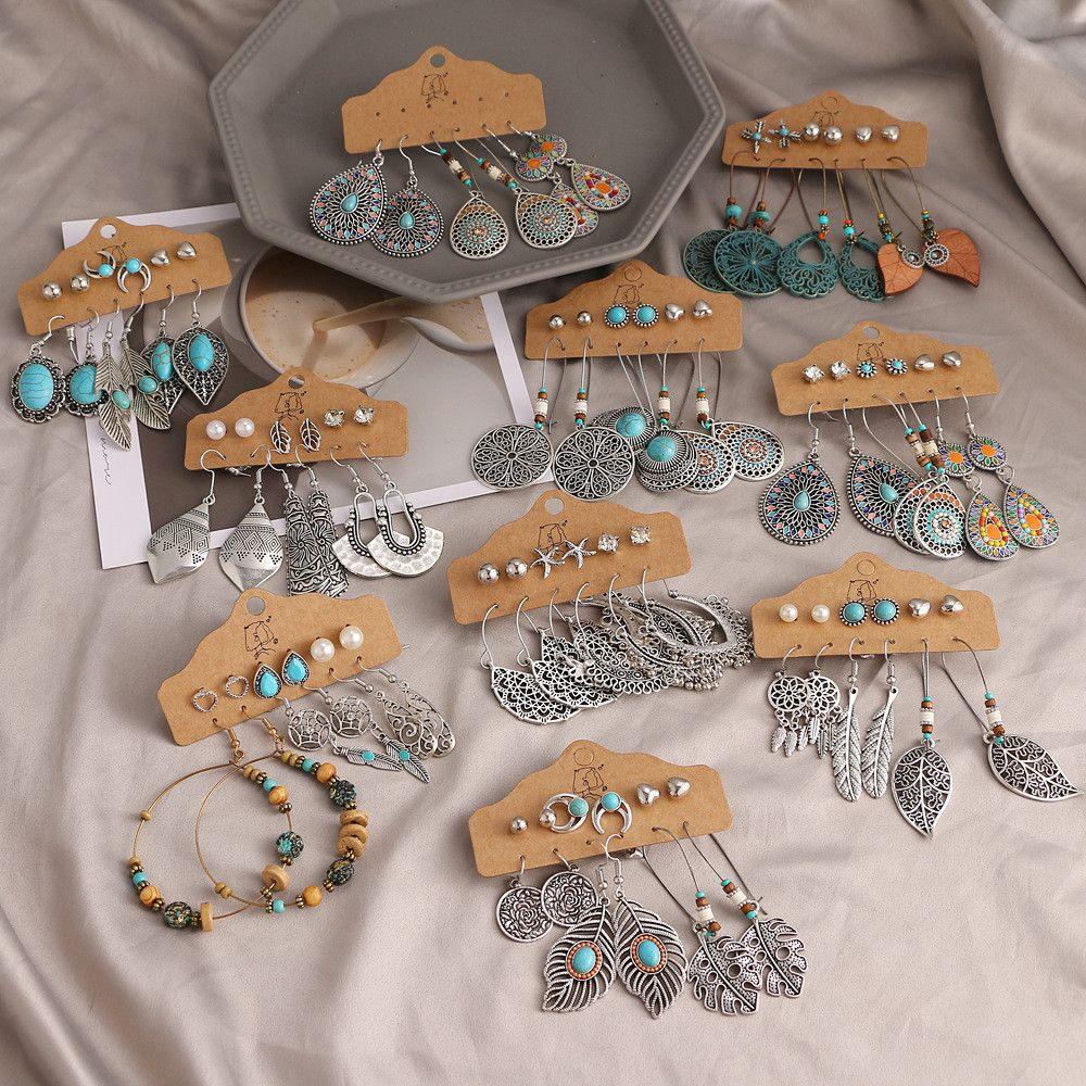 Suyo Anting Set Pirus Wanita Batu Hijau Warna Silver Panjang