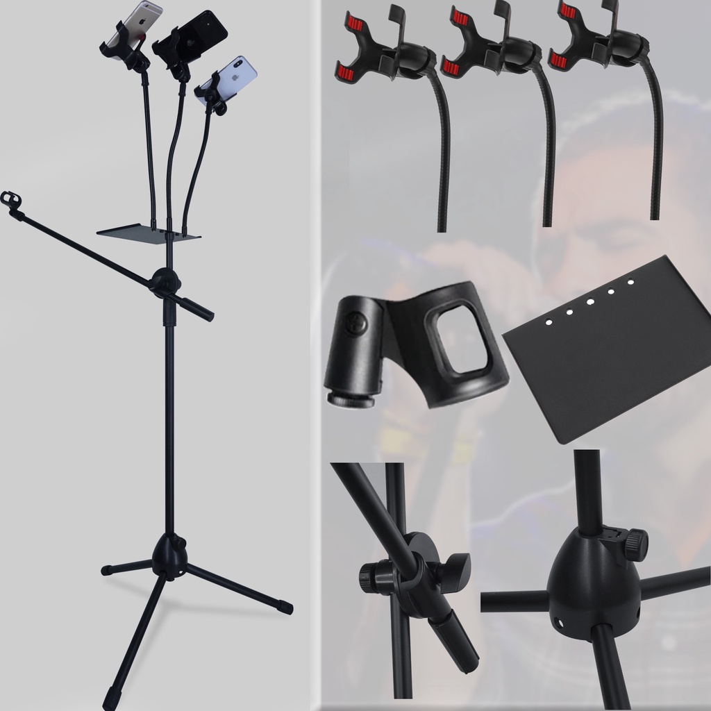 Stand Mic Microphone Clip On Degree + Holder Hp + Tray Soundcard Microphone Stand Lantai 5 IN 1 With Sound Card V8S