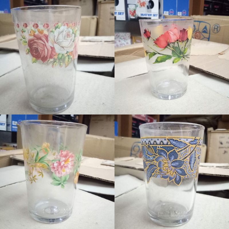 Gelas kaca motif bunga & batik