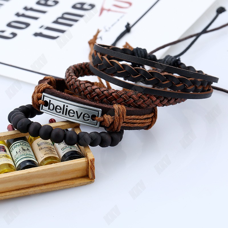 believe 4-Piece Set Pria dan Wanita Kulit Sapi Paduan Tali Dikepang Manik-Manik Gelang Yang Dapat Disesuaika