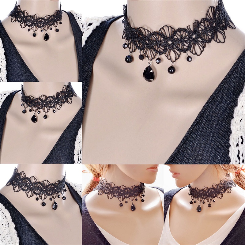 Kalung Choker Bahan Lace Motif Bunga Warna Hitam Gaya Gothic Retro