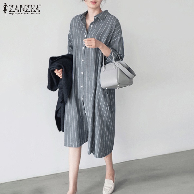 ZANZEA Women Fashion Casual Full Sleeve Cotton Stripe Printed Retro Elegant Midi Dress