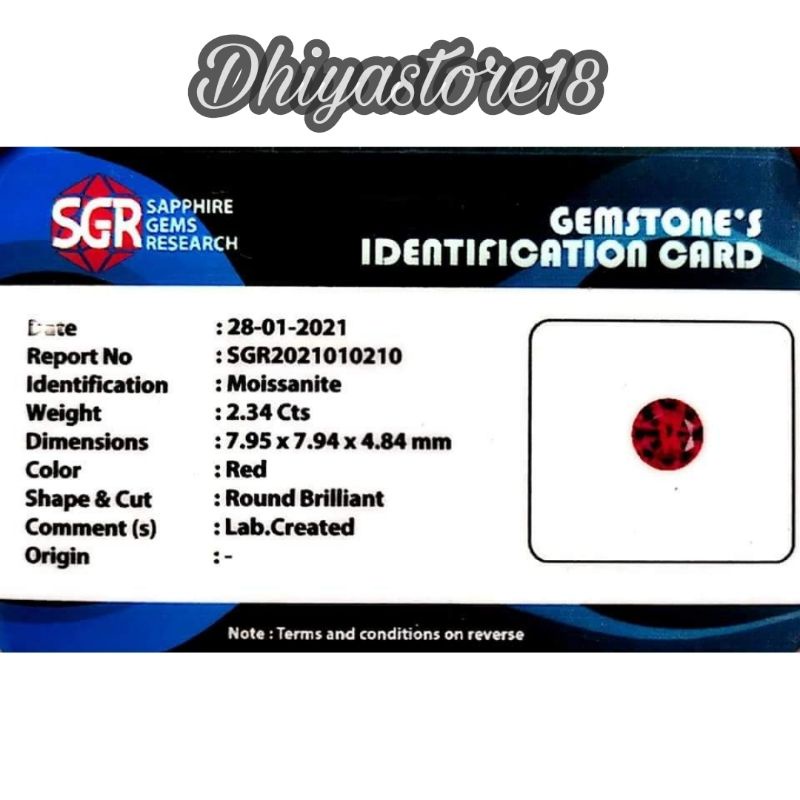 Batu Permata Diamond Red Moissanite Grade AAAAA + Memo SGR Lab