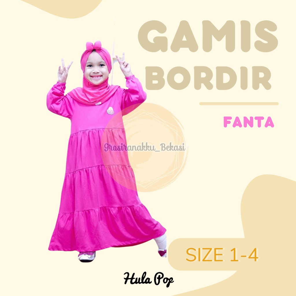 Gamis Kaos Anak Aplikasi Bordir Warna Pink Fanta Size 1-4Thn