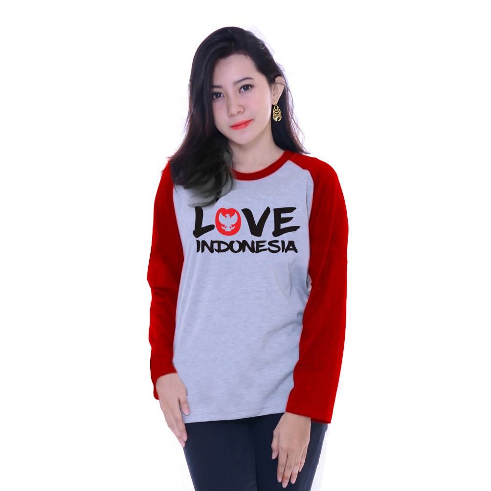 Kaos Raglan Gambar Love Indonesia | Lengan Panjang | Atasan Wanita | Ukuran M - L - XL -XXL