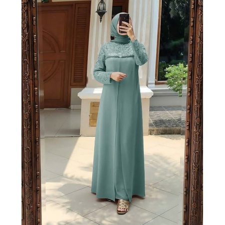 Almaer Baju Gamis Brukat Tile Remaja Dewasa Seragam Pesta Wanita Muslim - Sage Green Hijau Sage Keki