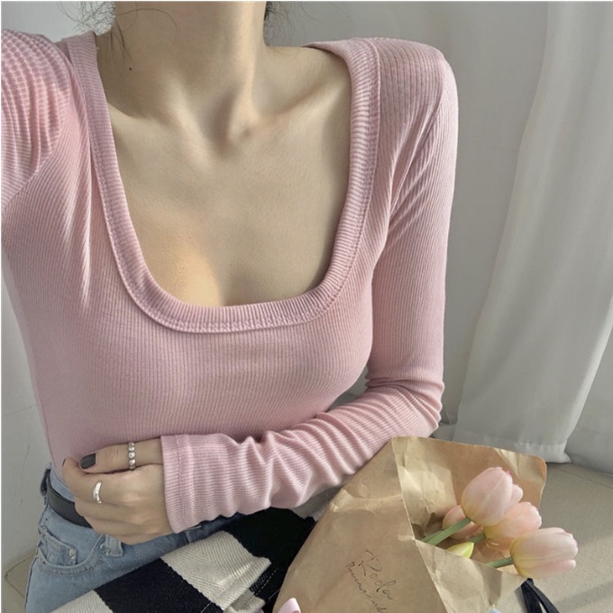 GirlWish Fashion Korean Crop Long Sleeve U-Neck Knit Top Atasan Crop Lengan Panjang