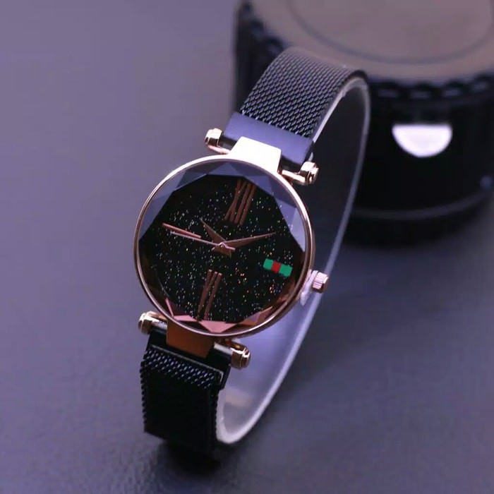 JAM TANGAN MURAH WANITA GC01 RANTAI MAGNET PASIR GLITTER FREE BATERAI - black rose gold
