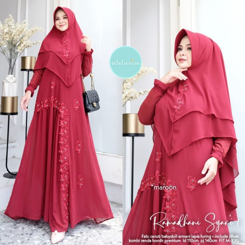 RAMADHANI SYARI BY EDELWEISS Setelan Dress Gamis + Khimar Ceruty Babydoll Armani Mix Renda Bordir Pr