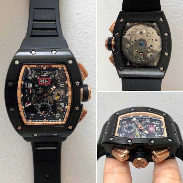 JAM TANGAN PRIA MEREK RM011 BLACK ROSE GOLD AUTOMATIC