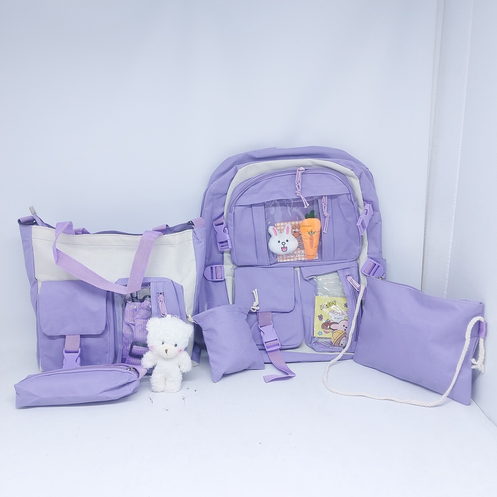 SET 5 STYLISH KOREAN BAGPACK FREE BONEKA / TAS Fashion KOREA KEKINIAN HADIAH BROSS STICKER 5in1 / Tas SET KOREA + BONEKA MURAH / RANSEL IMPORT REMAJA WANITA + TAS KECIL KOTAK PENSIL / TAS SD SMP SMA KULIAH CEWEK / CUTE SCHOOL BAG / TAS ESTETIK LUCU MURAH