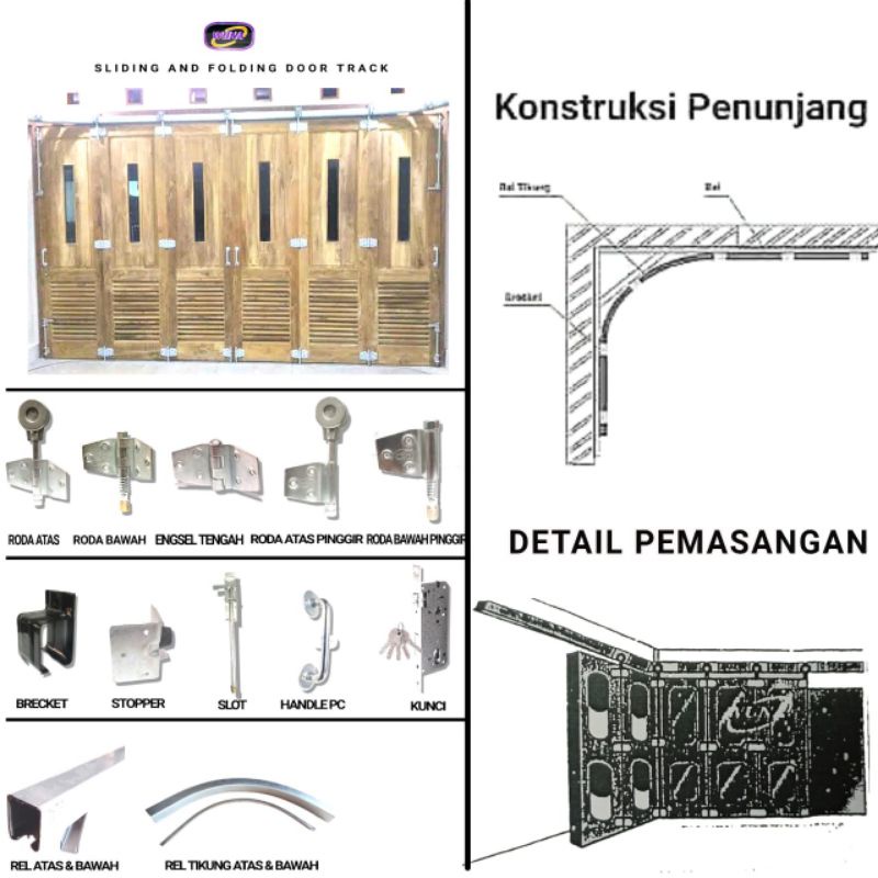 Komponen/aksesoris rel pintu garasi 4 daun tikung/dorong