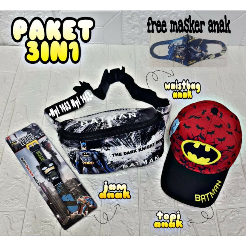 NEW Arrival 3in1 Batman dan BTS tas SLempang anak topi dan jam tangan free masker anak