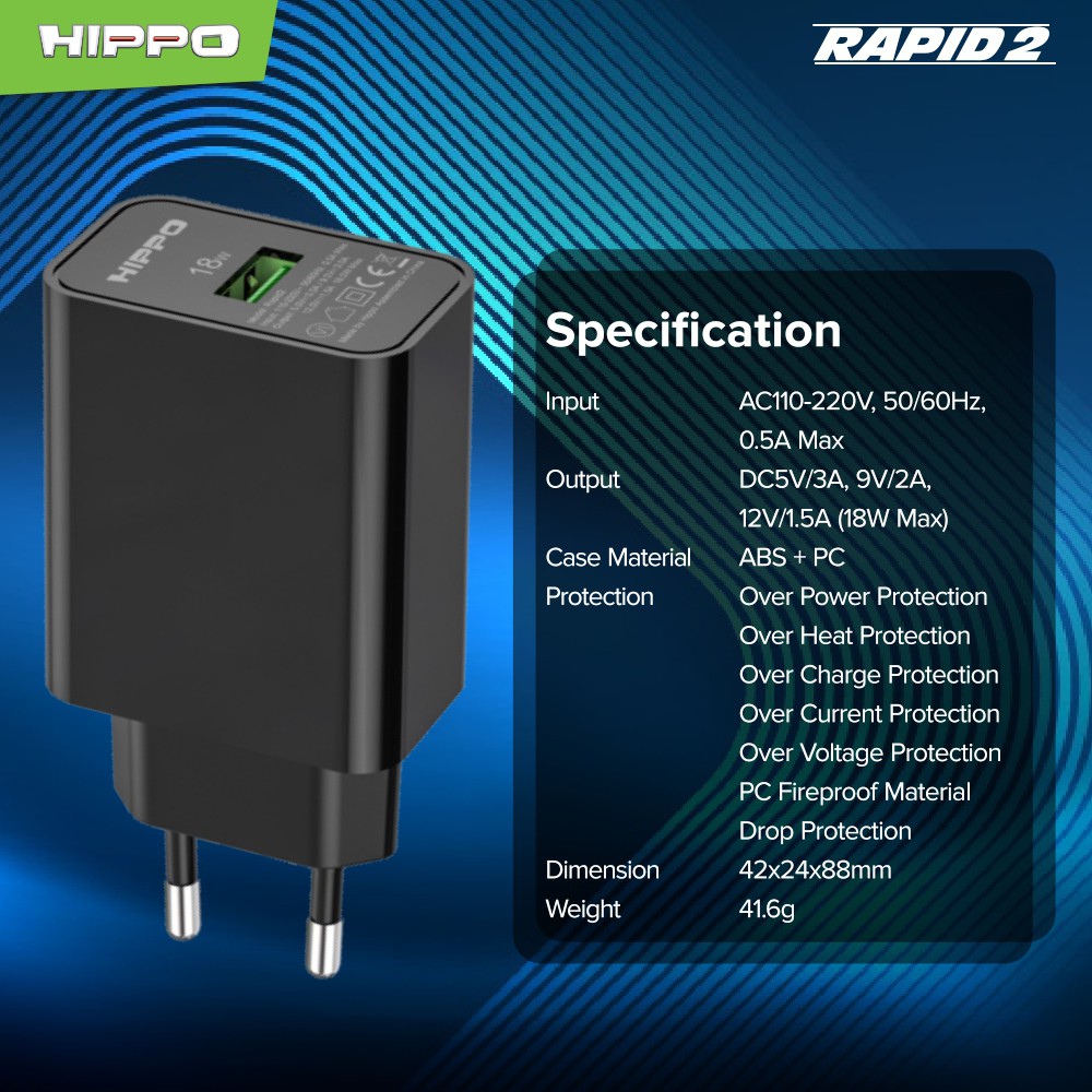 Hippo Rapid 2 Adaptor Charger Quick Charge 3.0 Fast Charging 18 W