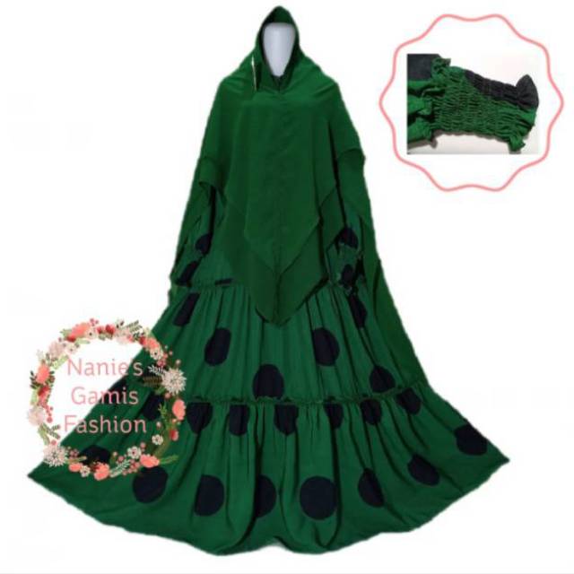 GAMIS SET KHIMAR SYARI CERUTY- GAMIS POLKADOT HIJAU BOTOL TERBARU 2021 - GAMIS BUSUI MURAH