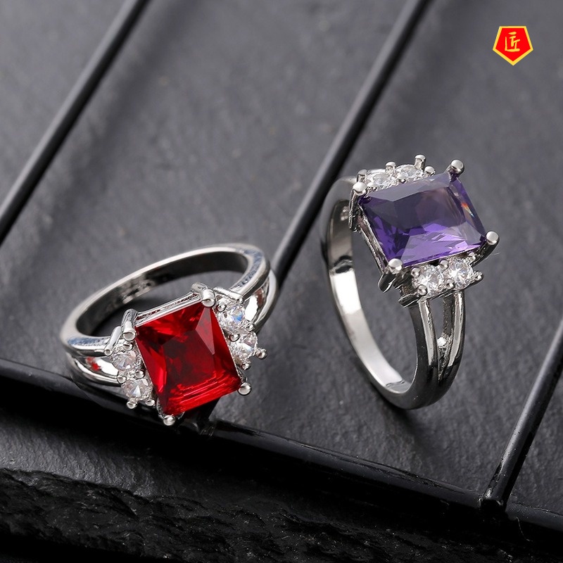 [Ready Stock]Simple Korean Style Platinum Square Colored Gems Ring