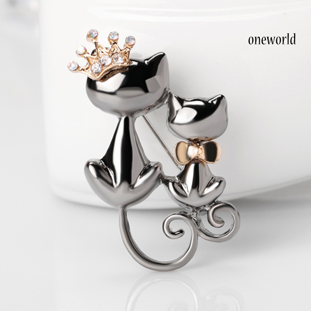 OW@ Fashion Jewelry Shiny Rhinestone Cute Double Cats Kitten Crown Brooch Pin Gift