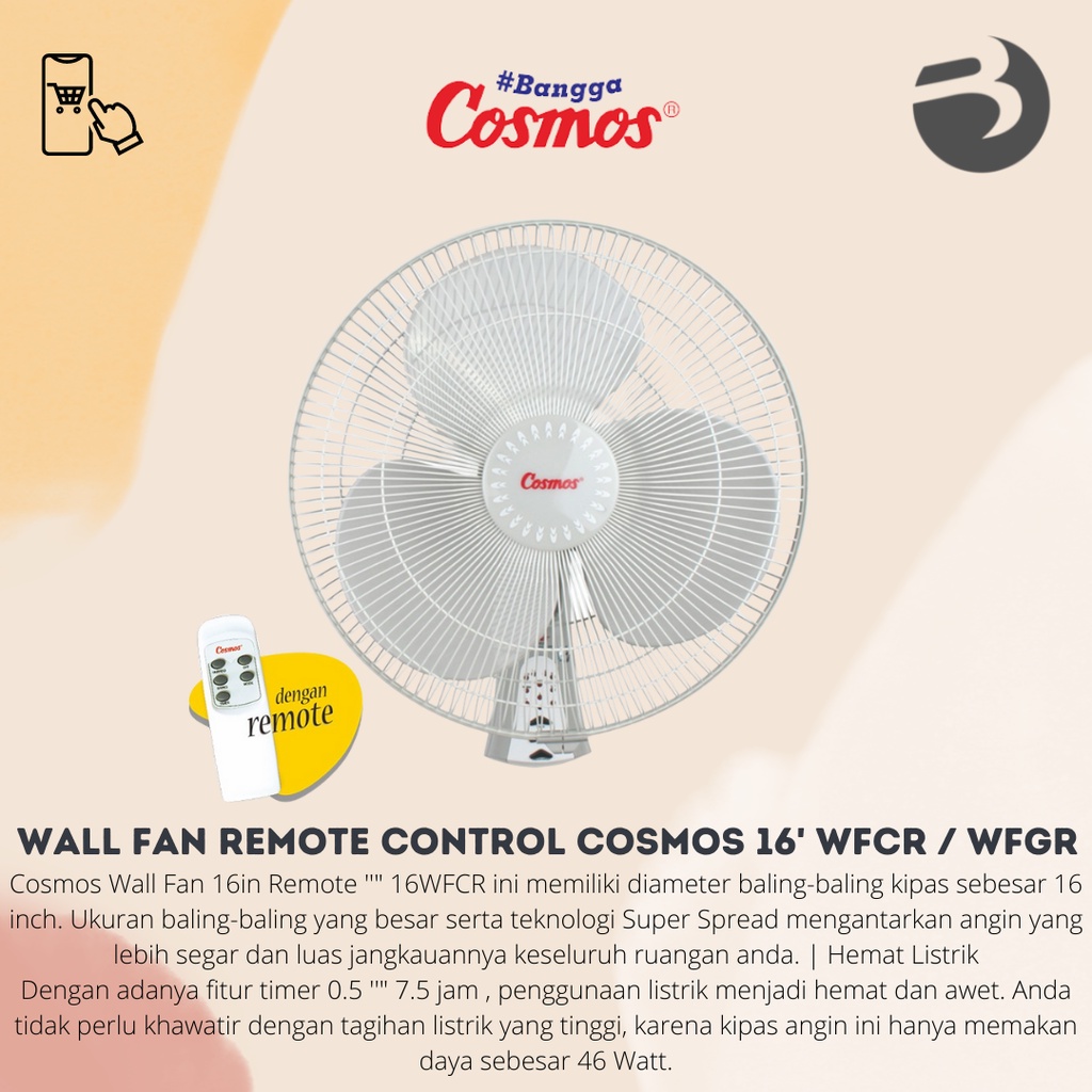 Wall Fan Remote Control COSMOS 16 Inch 16 WFCR / WFGR (Kipas Angin Dinding)