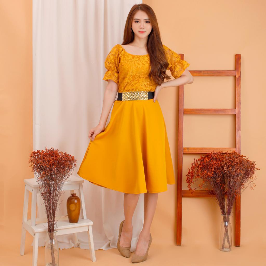 Kathryn collection #144 , DRES ROK MEKAR SCUBA IMPORT PREMIUM KOMBINASI BRUKAT GLITER FREE BELT