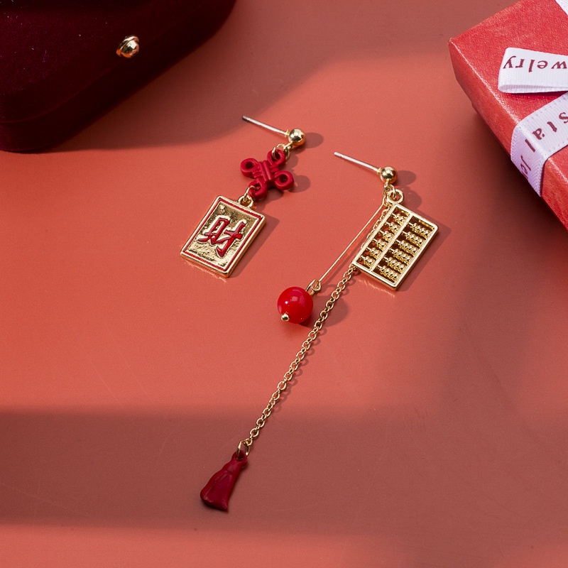 [littlecrab] Anting Wanita Sempoa Merah Emas Huat Simple Elegan Anting Beda Kiri Kanan Cai Woman Earrings Anting Berkualitas Tinggi Korean Style