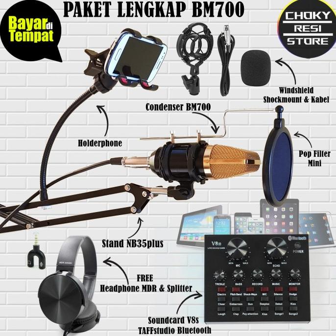Paket Microphone Condenser BM700 Full Set Plus Soundcard V8s TAFstudio choky73 Berkualitas