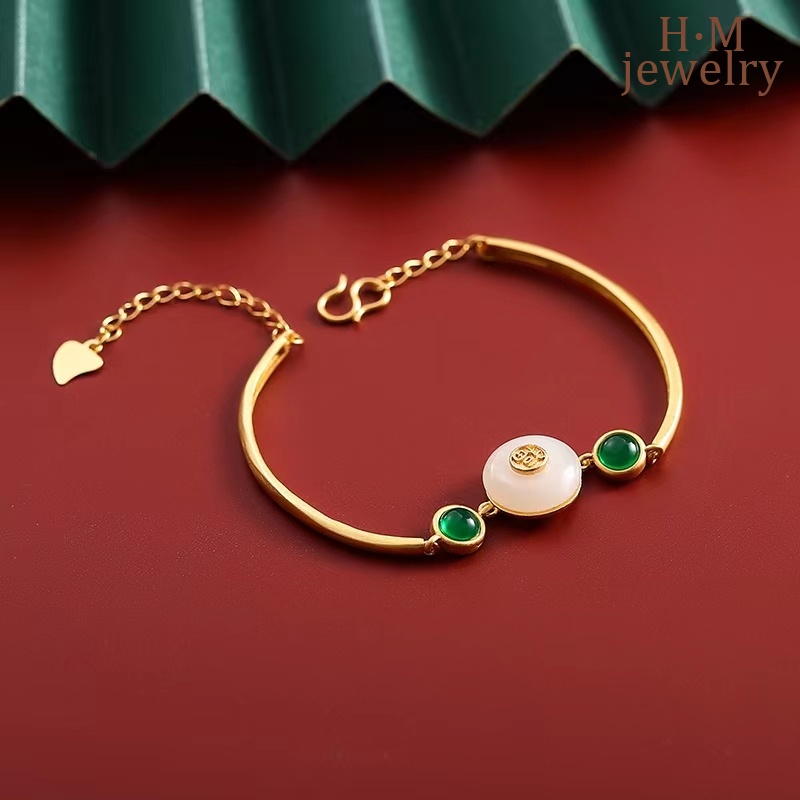 Gelang Tangan Sterling Silver 925 Aksen Batu Jade Putih Retro Untuk Wanita