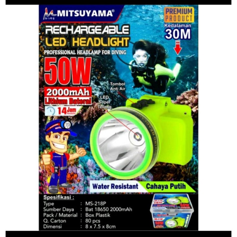 Senter Kepala Diving 50Watt Mitsuyama MS-218P Rechargeable - Senter Kepala Selam Sampai Kedalaman 30 Meter - Headlap Diving Water Resistant Cahaya Putih