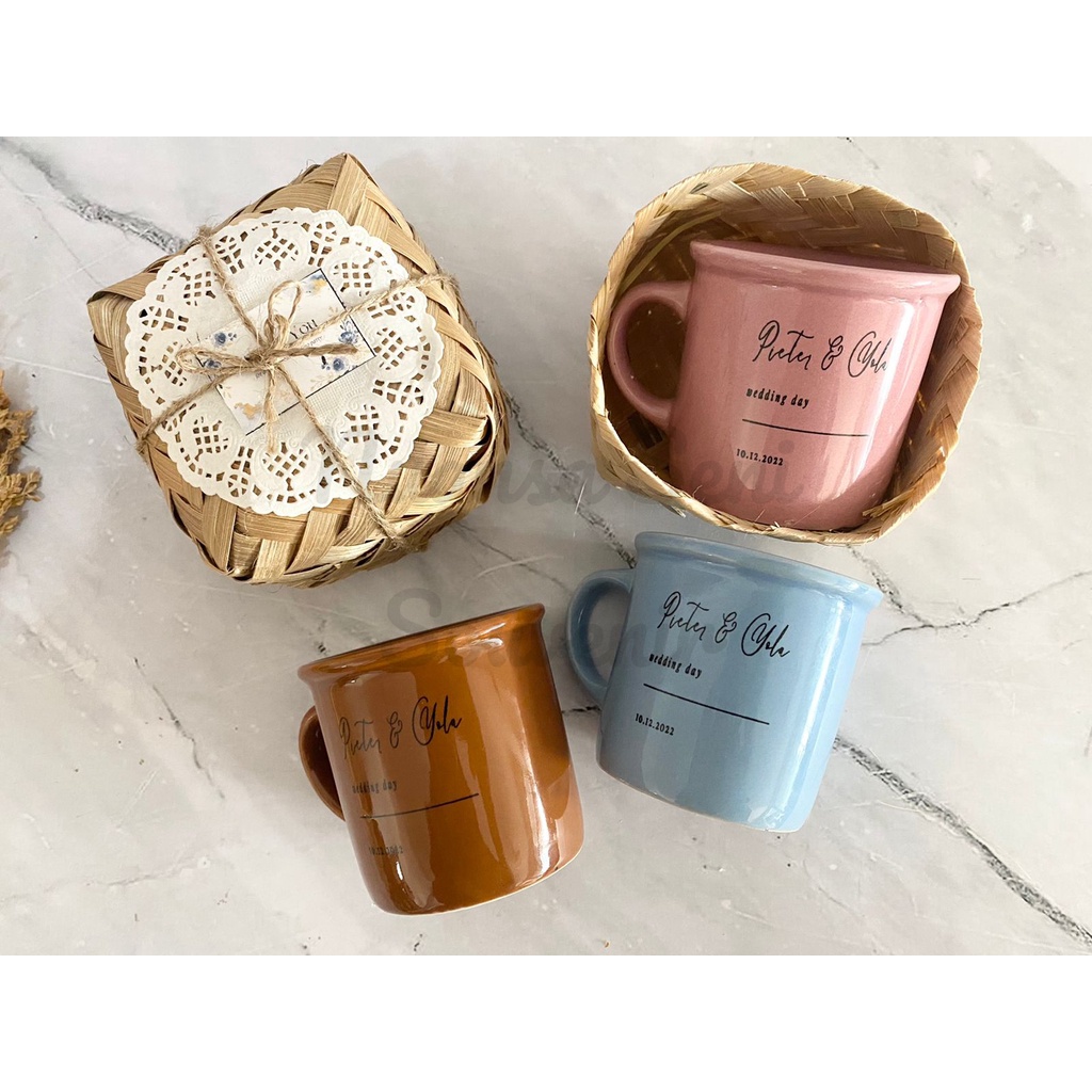 Souvenir Pernikahan Gelas Minum Cangkir Keramik Mug Gagang Porselen Warna Gelas Sablon